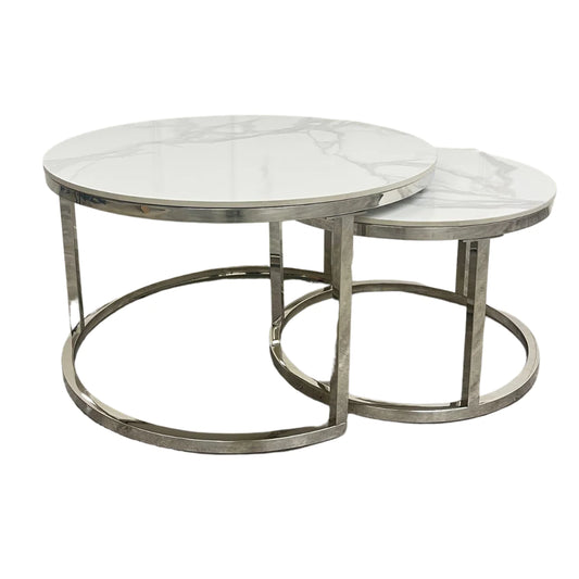 Cato Nest of 2 Short Round Chrome Coffee Tables 80cm / 60cm - Polar White Sintered Stone Tops