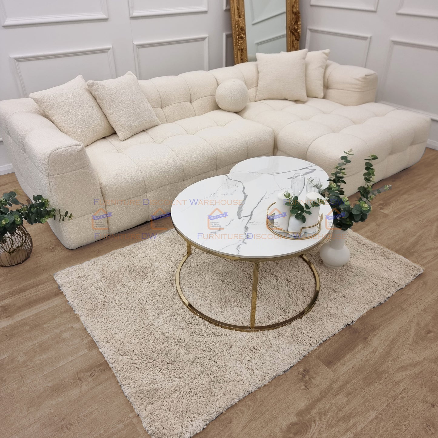 Cato Nest of 2 Short Round Gold Coffee Tables 80cm / 60cm - Polar White Sintered Stone Tops