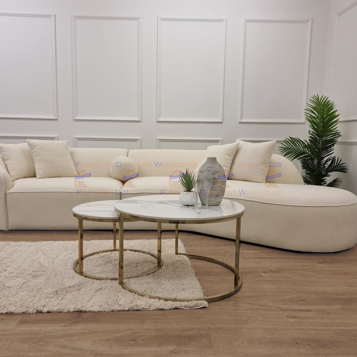 Cato Nest of 2 Short Round Gold Coffee Tables 80cm / 60cm - Polar White Sintered Stone Tops