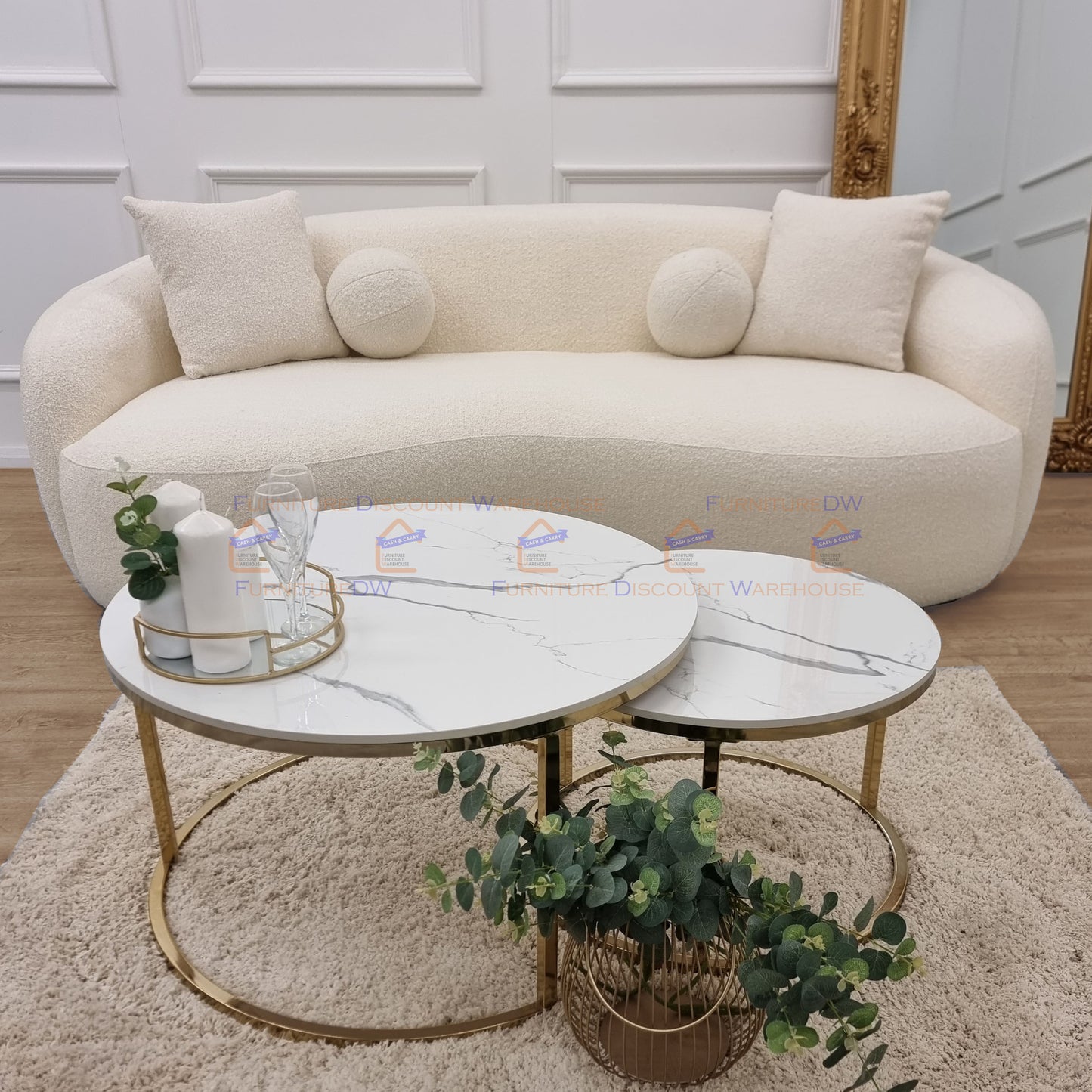 Cato Nest of 2 Short Round Gold Coffee Tables 80cm / 60cm - Polar White Sintered Stone Tops