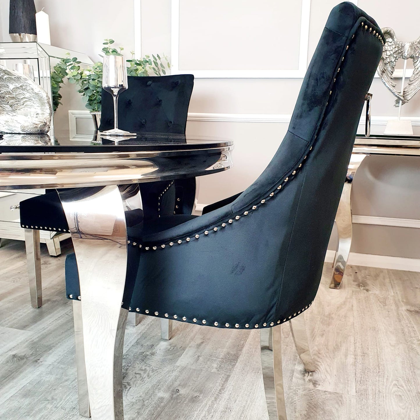 Duke Velvet Dining Chair | Chrome Legs with Plain Knocker & Ring Back - Pink