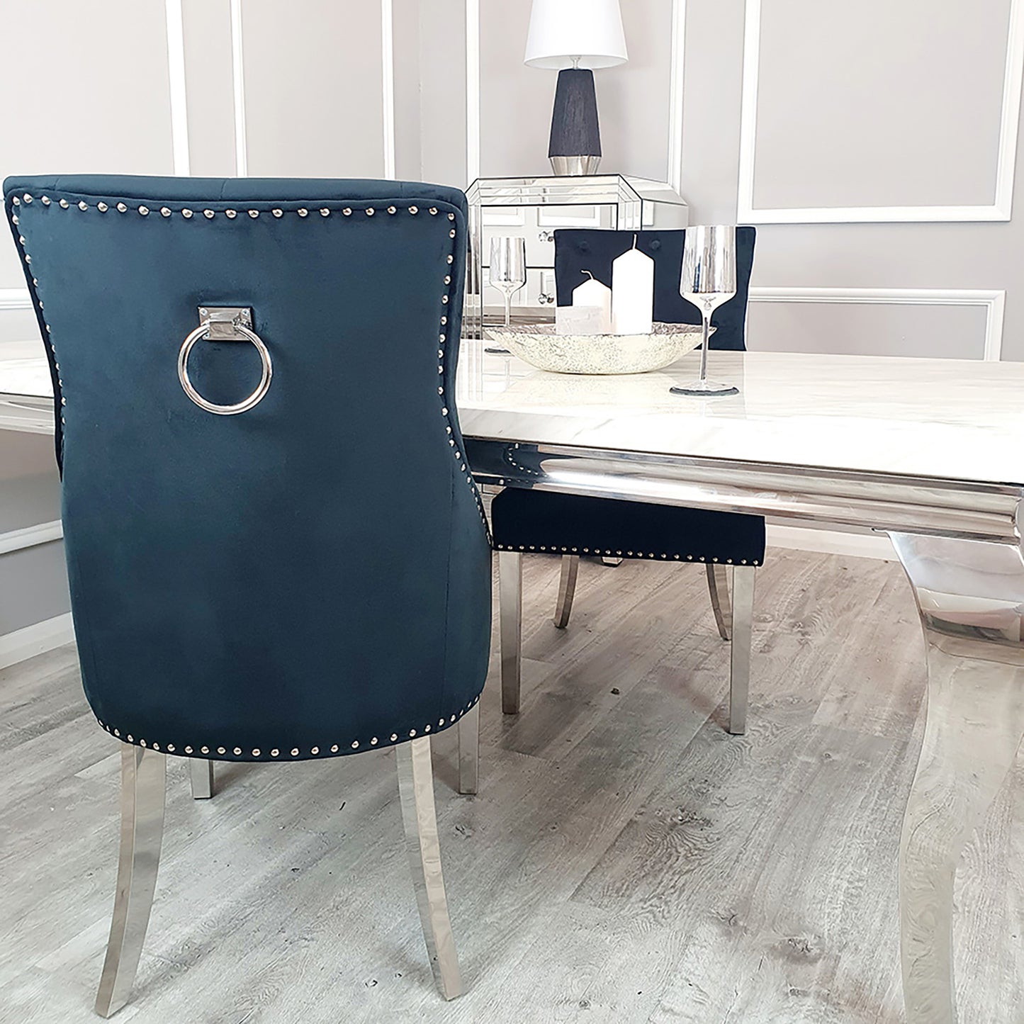 Duke Velvet Dining Chair | Chrome Legs with Plain Knocker & Ring Back - Pink