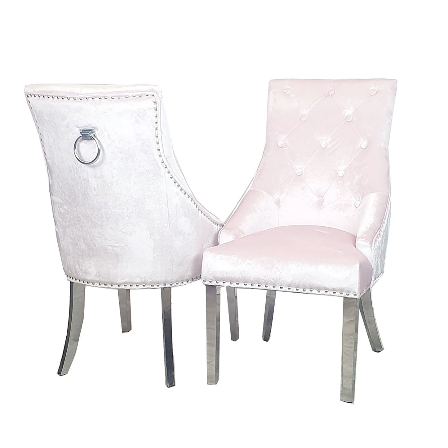 Duke Velvet Dining Chair | Chrome Legs with Plain Knocker & Ring Back - Pink