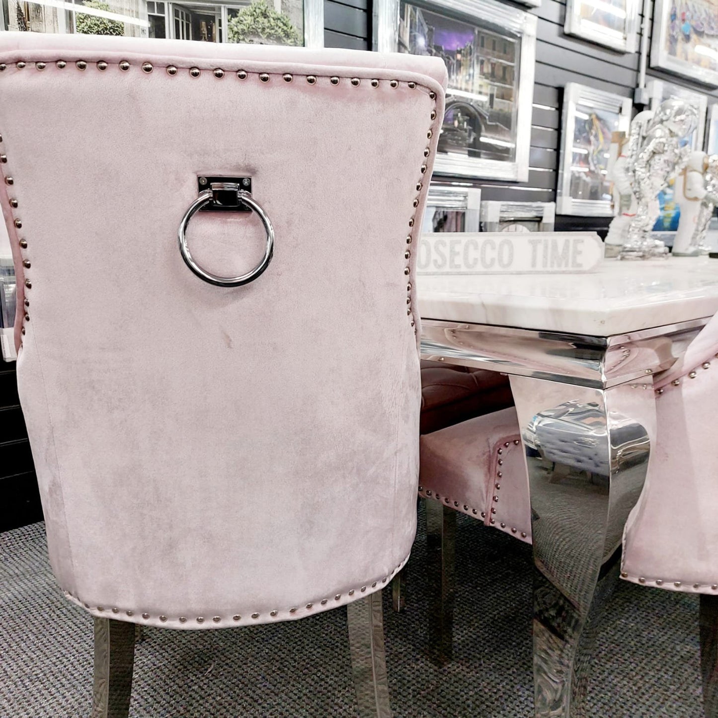 Duke Velvet Dining Chair | Chrome Legs with Plain Knocker & Ring Back - Pink