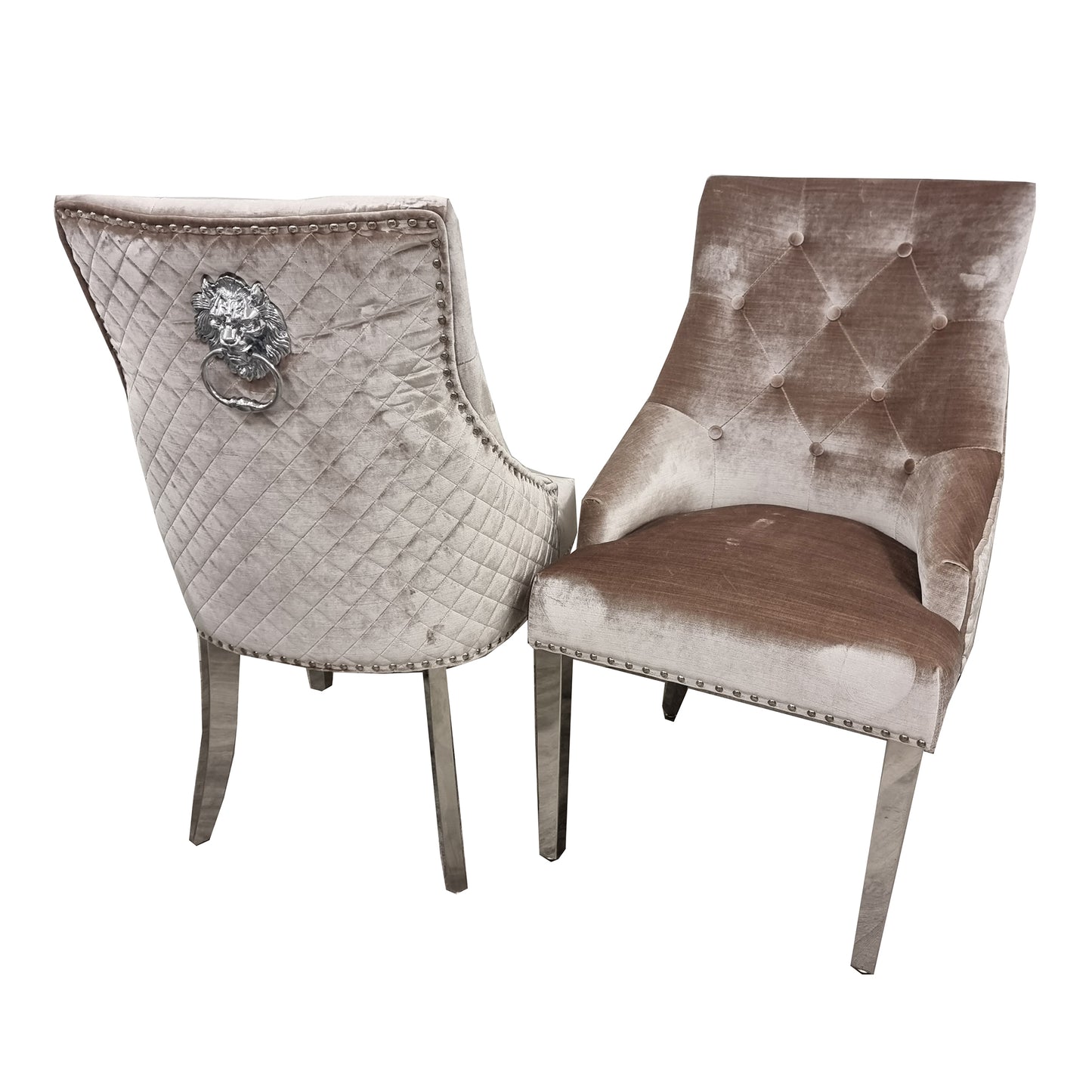 Bentley Velvet Dining Chair | Chrome Legs with Lion Knocker & Quilted Back - Black | Cream | Beige | Dark Grey | Grey Shimmer