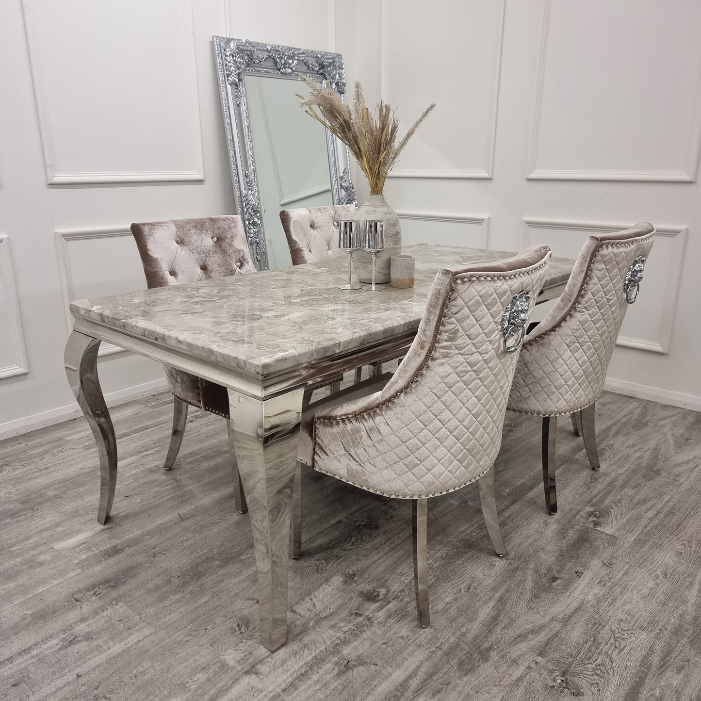 Bentley Velvet Dining Chair | Chrome Legs with Lion Knocker & Quilted Back - Black | Cream | Beige | Dark Grey | Grey Shimmer