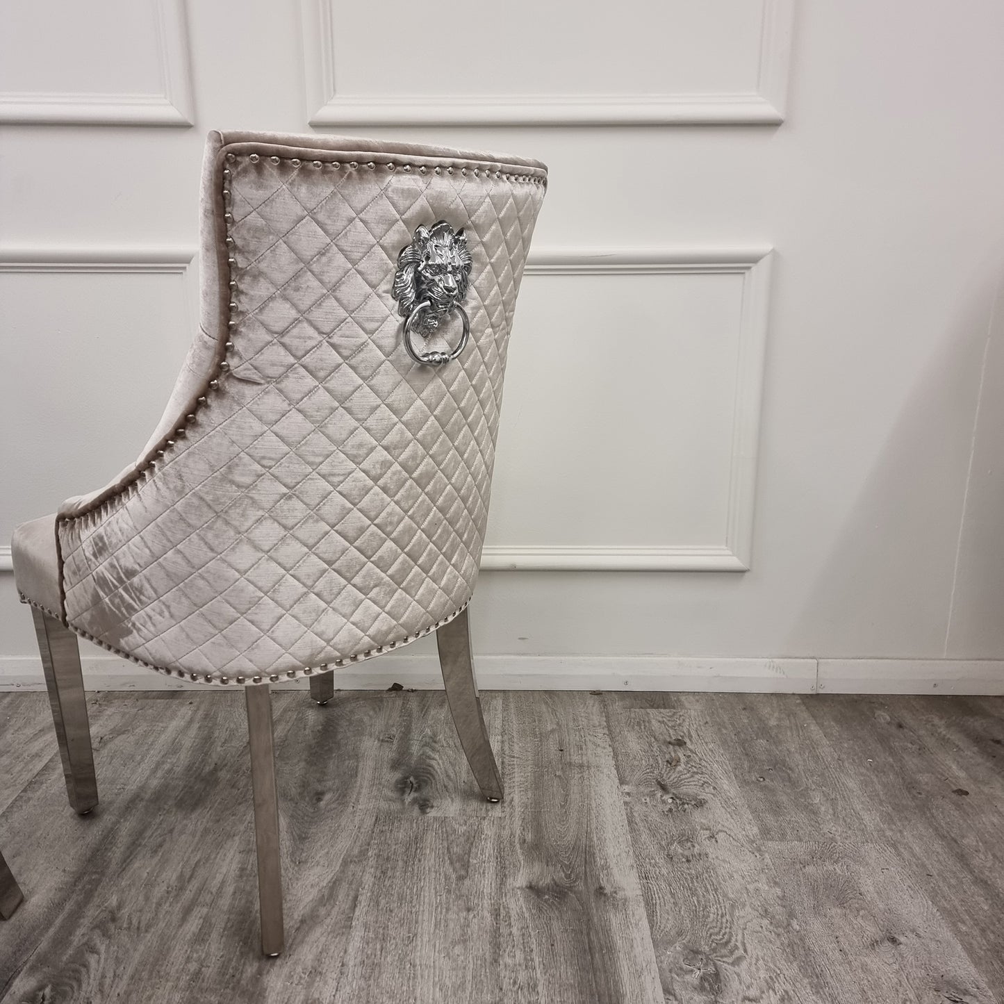 Bentley Velvet Dining Chair | Chrome Legs with Lion Knocker & Quilted Back - Black | Cream | Beige | Dark Grey | Grey Shimmer