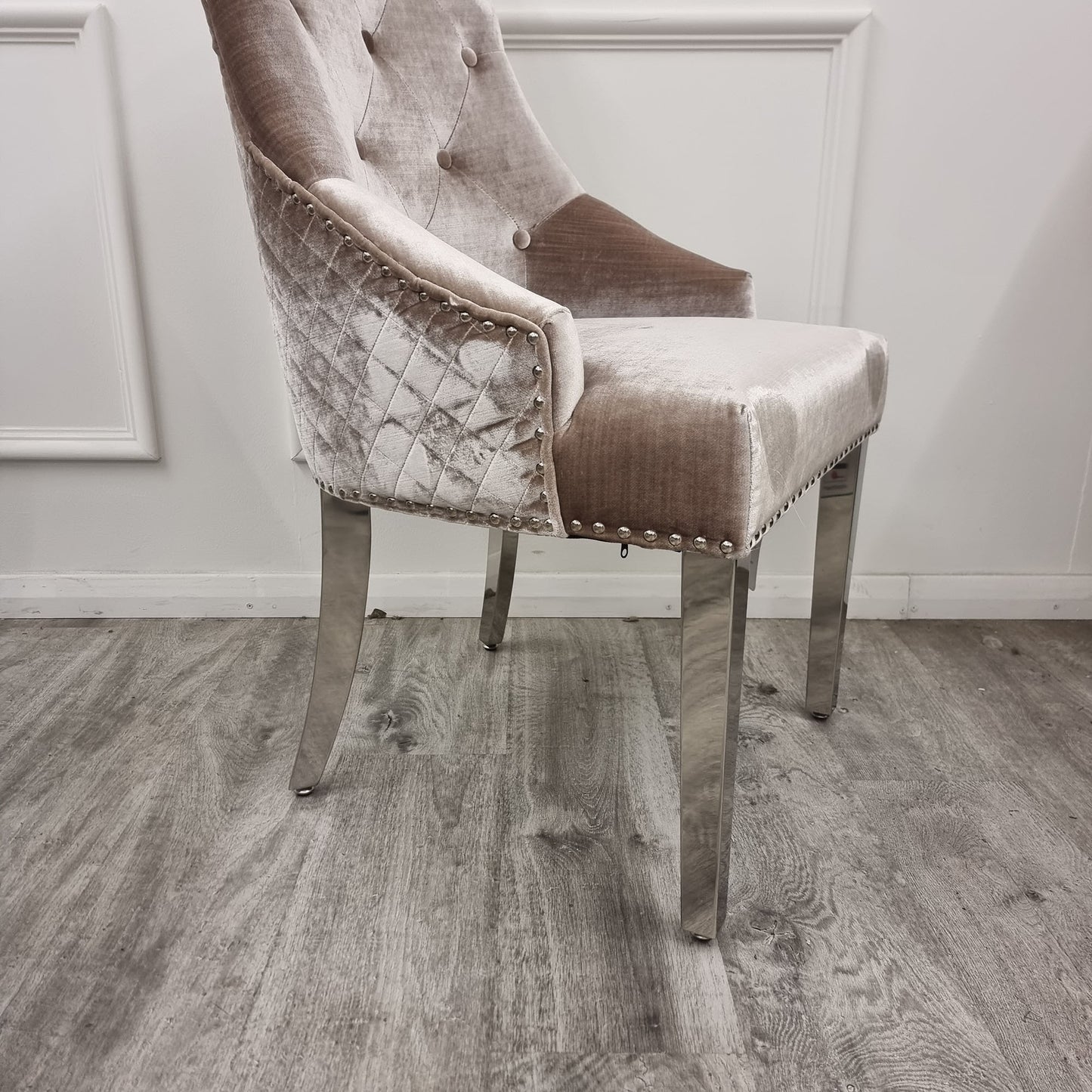 Bentley Velvet Dining Chair | Chrome Legs with Lion Knocker & Quilted Back - Black | Cream | Beige | Dark Grey | Grey Shimmer