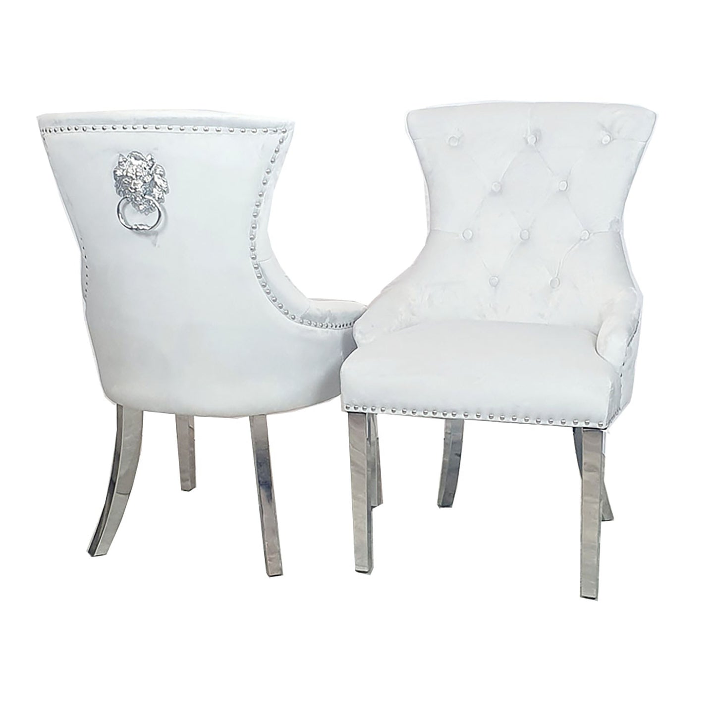 Megan Velvet Dining Chair | Chrome Legs with Plain Back & Lion Knocker - Light Grey | Dark Grey