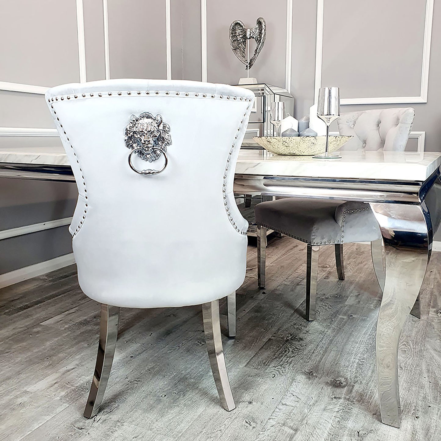 Megan Velvet Dining Chair | Chrome Legs with Plain Back & Lion Knocker - Light Grey | Dark Grey