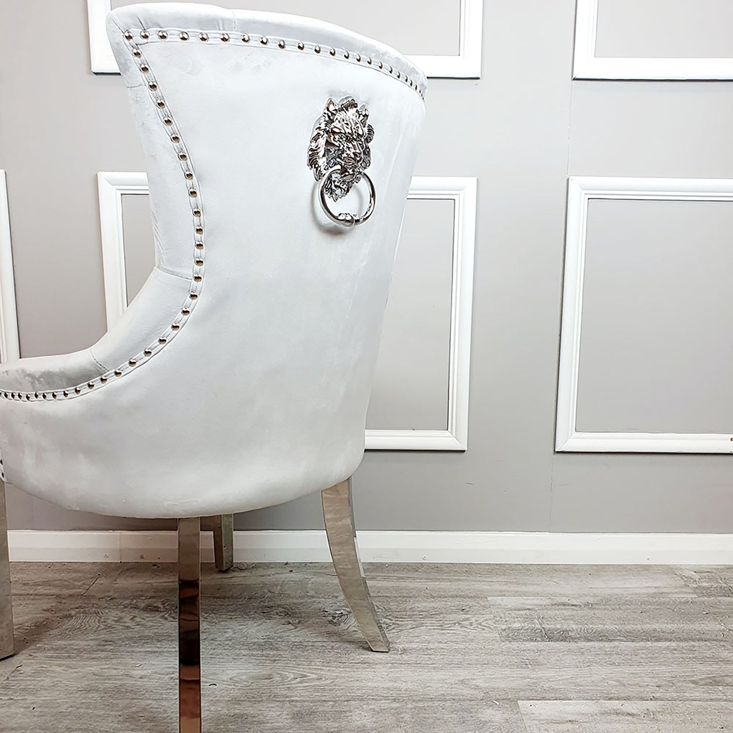 Megan Velvet Dining Chair | Chrome Legs with Plain Back & Lion Knocker - Light Grey | Dark Grey