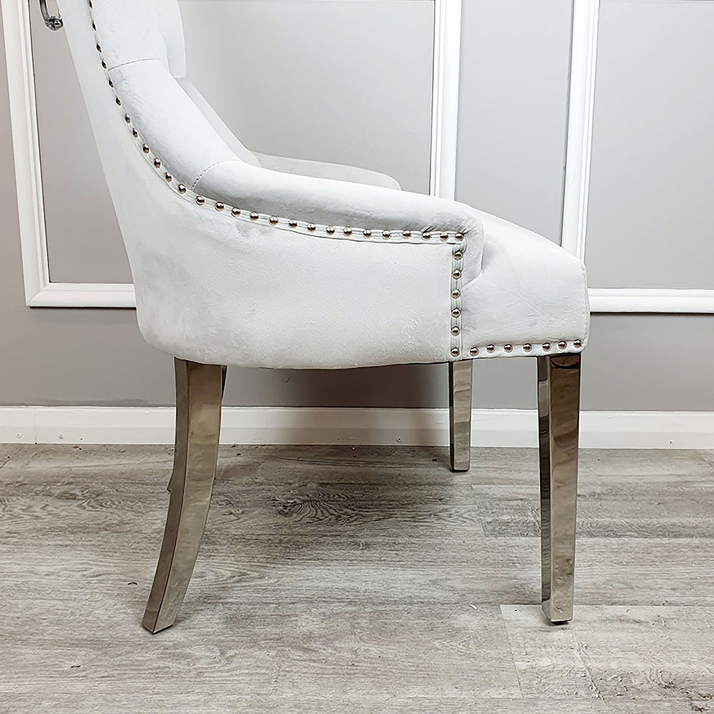 Megan Velvet Dining Chair | Chrome Legs with Plain Back & Lion Knocker - Light Grey | Dark Grey
