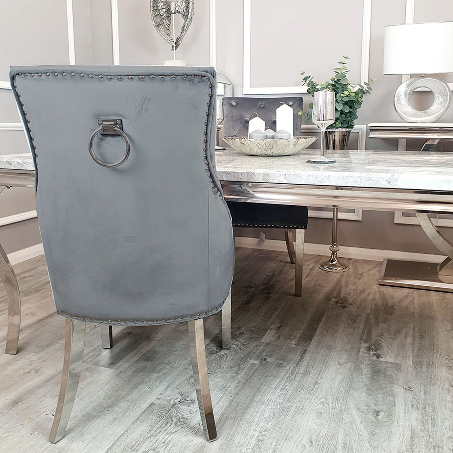Duke Velvet Dining Chair | Chrome Legs with Plain Knocker & Ring Back - Pink