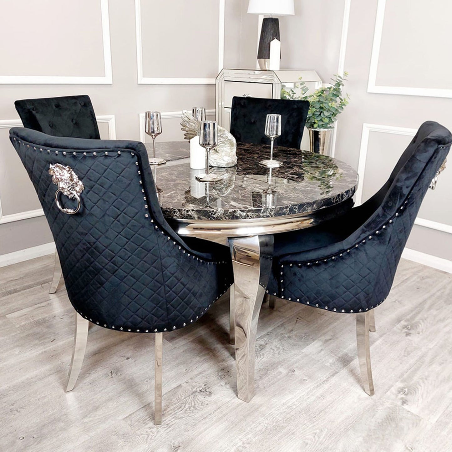 Bentley Velvet Dining Chair | Chrome Legs with Lion Knocker & Quilted Back - Black | Cream | Beige | Dark Grey | Grey Shimmer