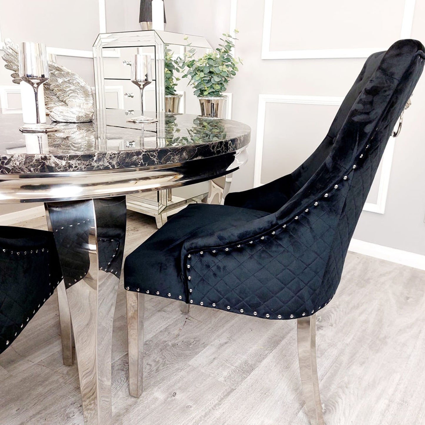 Bentley Velvet Dining Chair | Chrome Legs with Lion Knocker & Quilted Back - Black | Cream | Beige | Dark Grey | Grey Shimmer