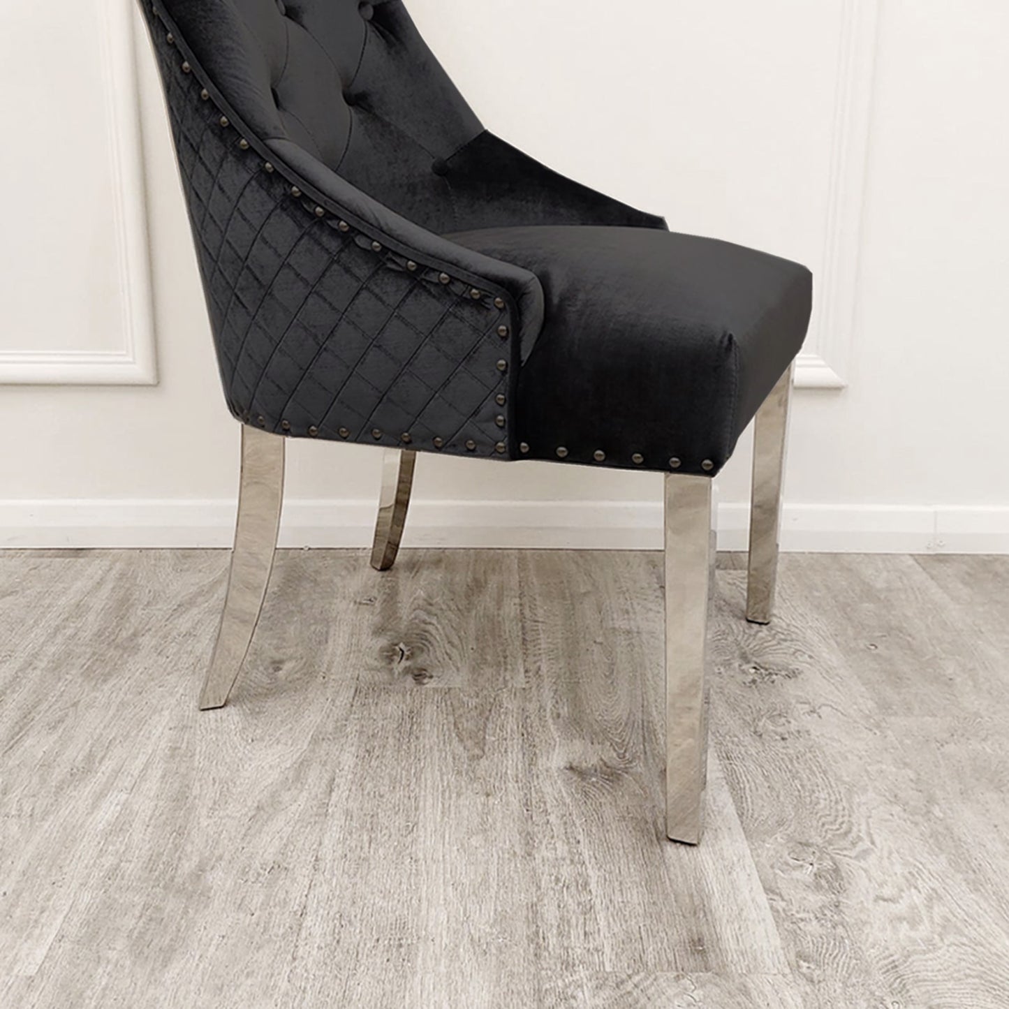 Bentley Velvet Dining Chair | Chrome Legs with Lion Knocker & Quilted Back - Black | Cream | Beige | Dark Grey | Grey Shimmer