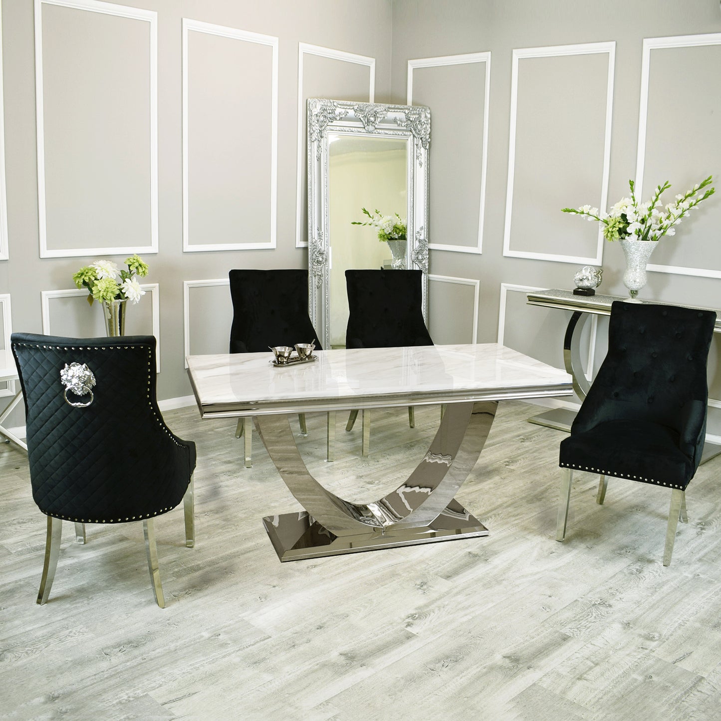 Bentley Velvet Dining Chair | Chrome Legs with Lion Knocker & Quilted Back - Black | Cream | Beige | Dark Grey | Grey Shimmer