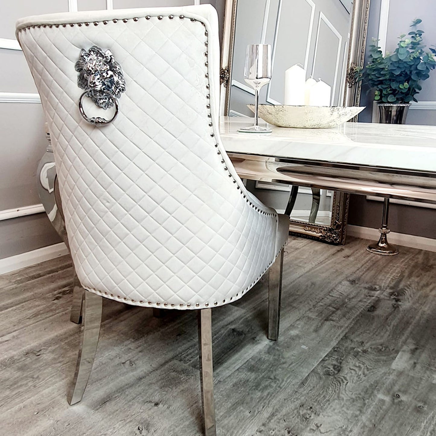 Bentley Velvet Dining Chair | Chrome Legs with Lion Knocker & Quilted Back - Black | Cream | Beige | Dark Grey | Grey Shimmer