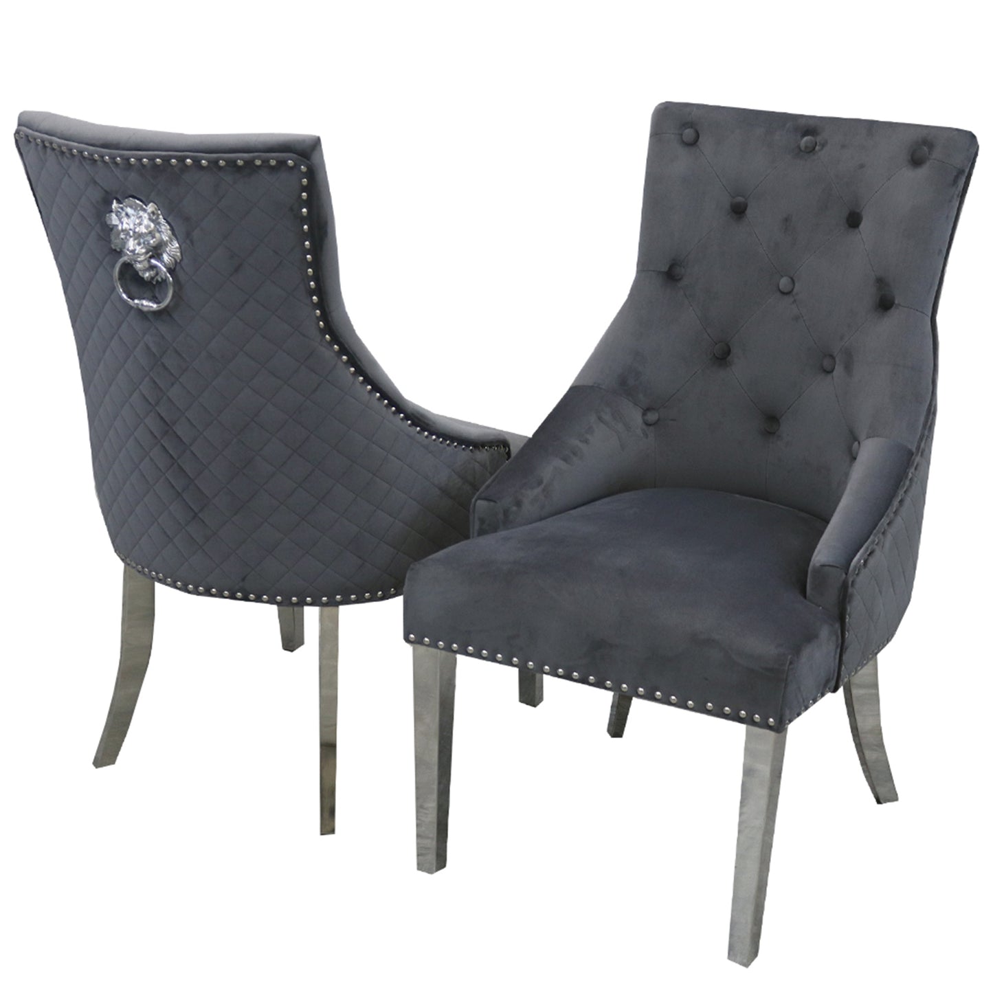 Bentley Velvet Dining Chair | Chrome Legs with Lion Knocker & Quilted Back - Black | Cream | Beige | Dark Grey | Grey Shimmer