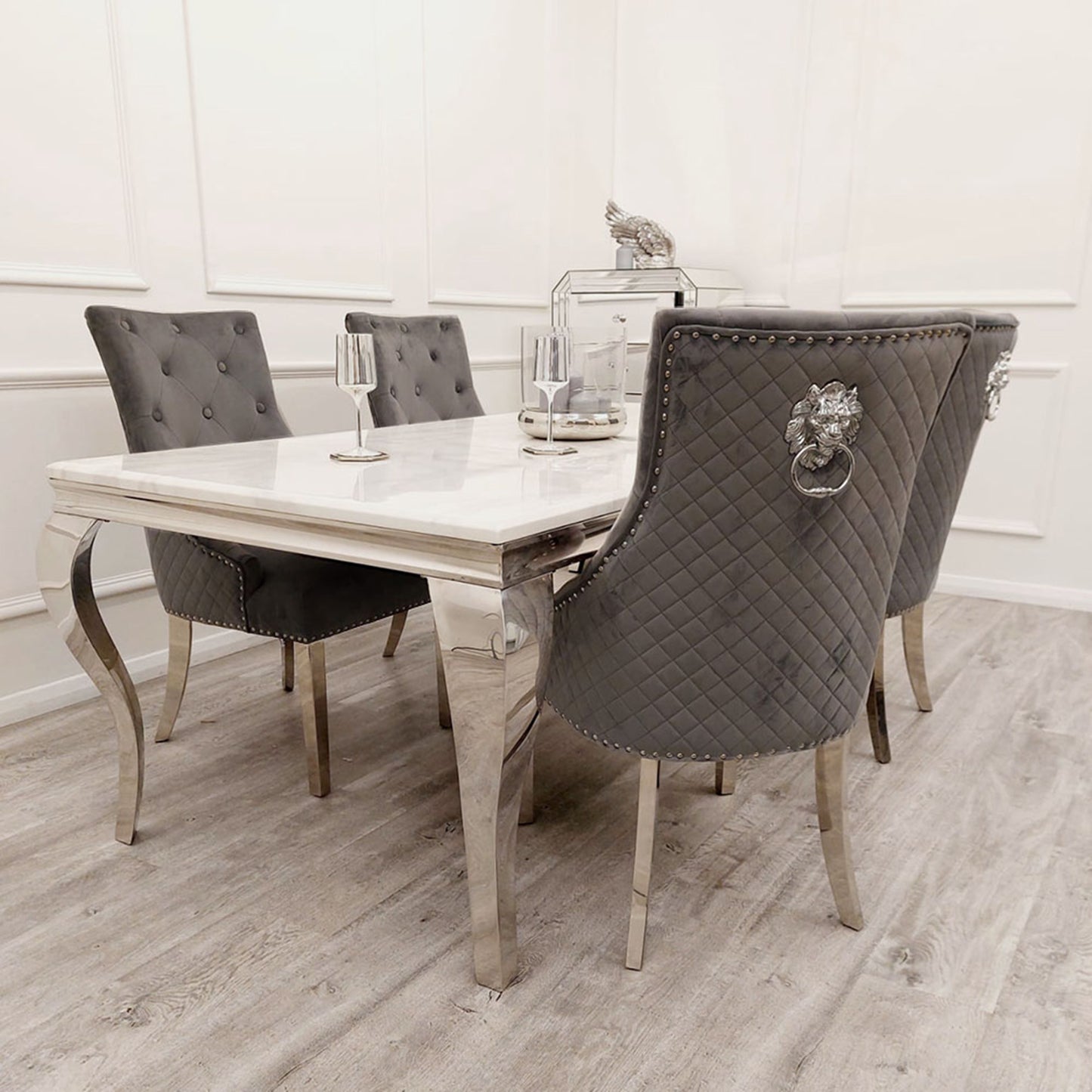Bentley Velvet Dining Chair | Chrome Legs with Lion Knocker & Quilted Back - Black | Cream | Beige | Dark Grey | Grey Shimmer