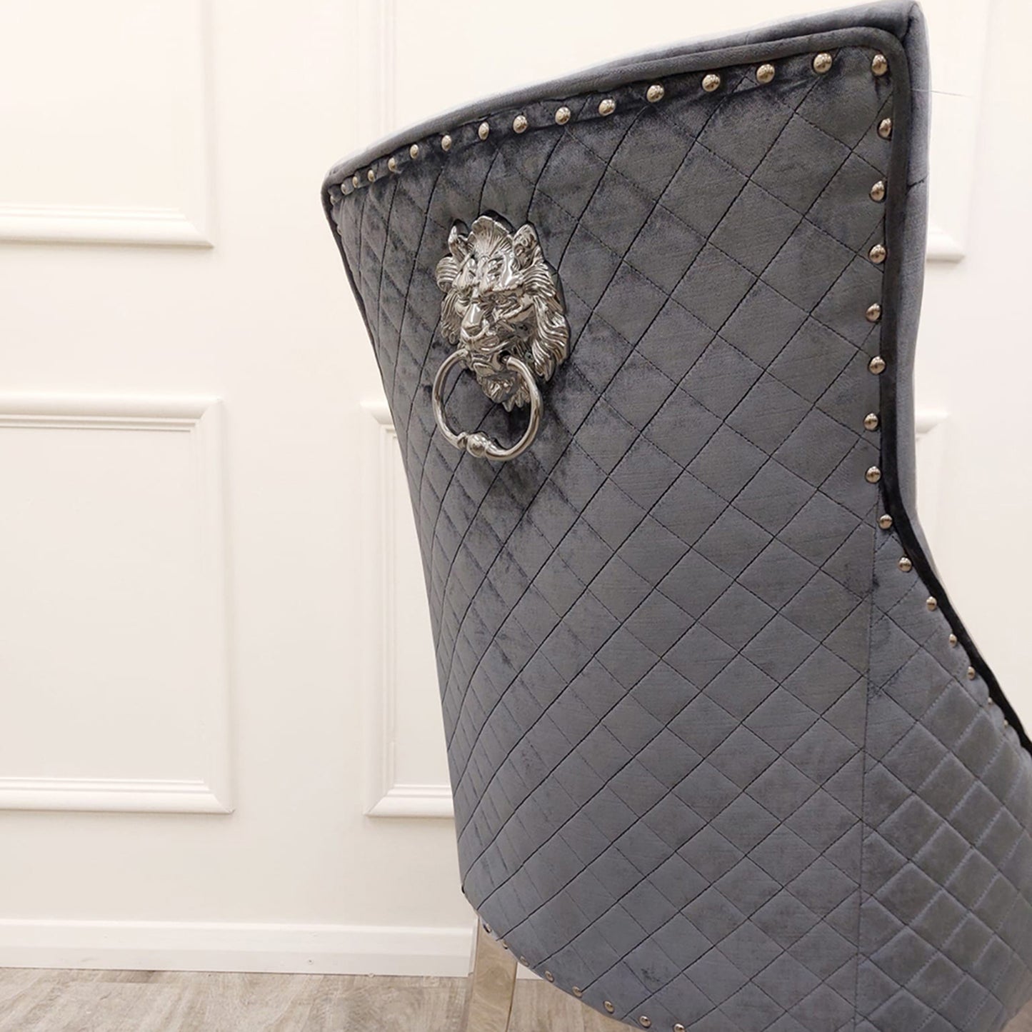 Bentley Velvet Dining Chair | Chrome Legs with Lion Knocker & Quilted Back - Black | Cream | Beige | Dark Grey | Grey Shimmer