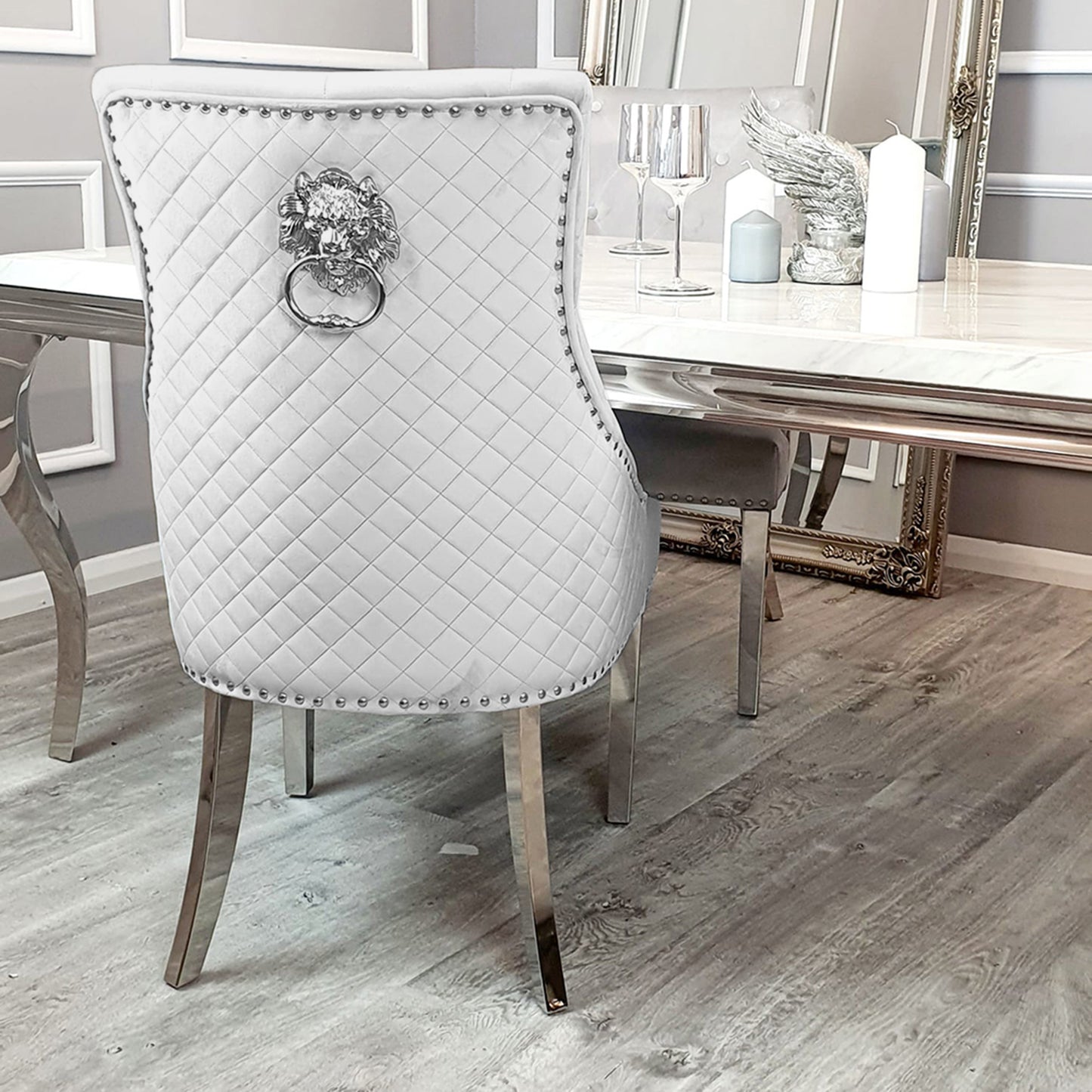 Bentley Velvet Dining Chair | Chrome Legs with Lion Knocker & Quilted Back - Black | Cream | Beige | Dark Grey | Grey Shimmer