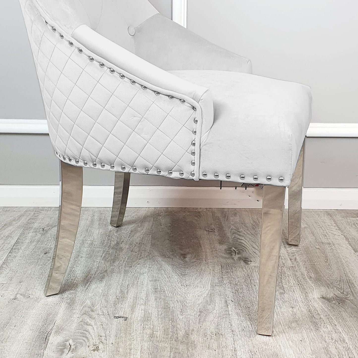 Bentley Velvet Dining Chair | Chrome Legs with Lion Knocker & Quilted Back - Black | Cream | Beige | Dark Grey | Grey Shimmer