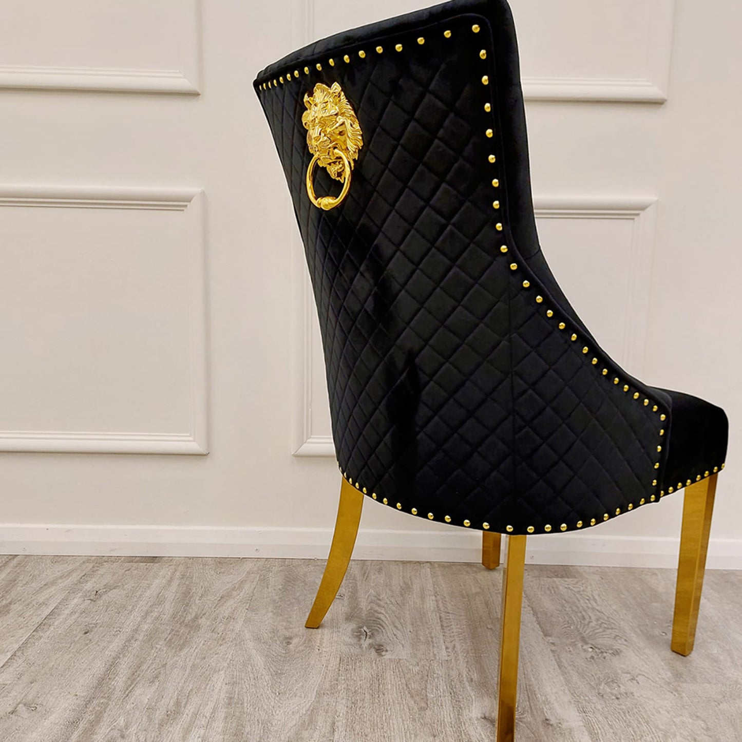 Bentley Velvet Dining Chair | Gold Legs with Lion Knocker & Quilted Back - Black | Light Grey | Cream | Beige