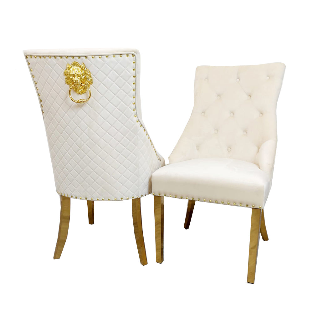 Bentley Velvet Dining Chair | Gold Legs with Lion Knocker & Quilted Back - Black | Light Grey | Cream | Beige