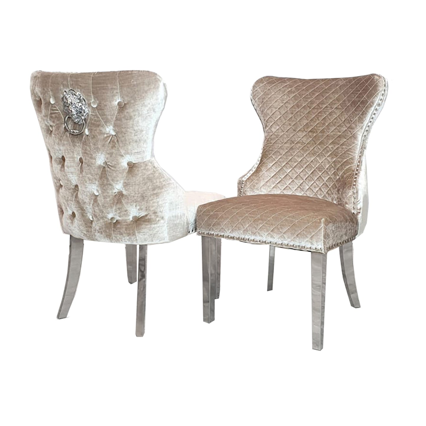 Chelsea Velvet Dining Chair | Chrome Legs with Lion Knocker & Buttoned Back - Dark Grey | Beige Shimmer