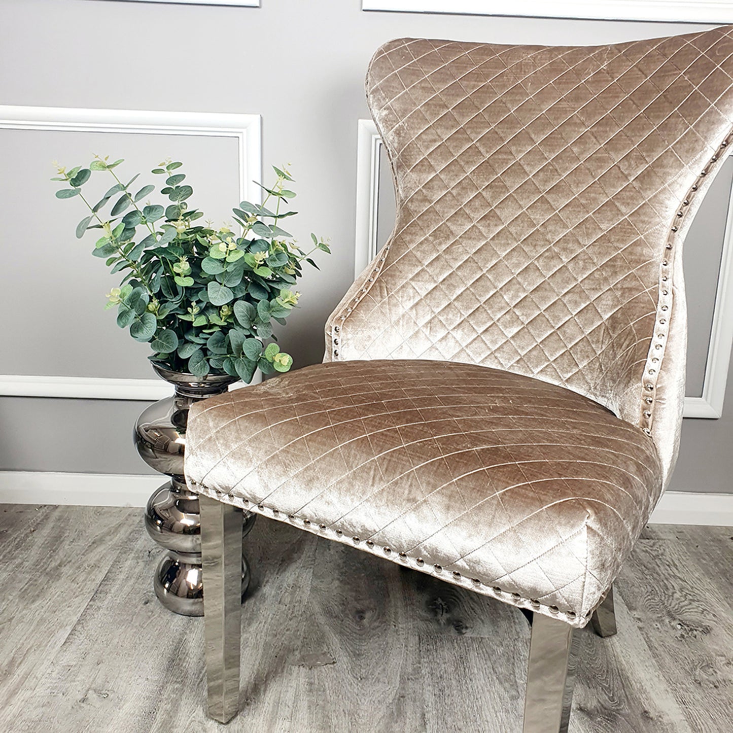 Chelsea Velvet Dining Chair | Chrome Legs with Lion Knocker & Buttoned Back - Dark Grey | Beige Shimmer