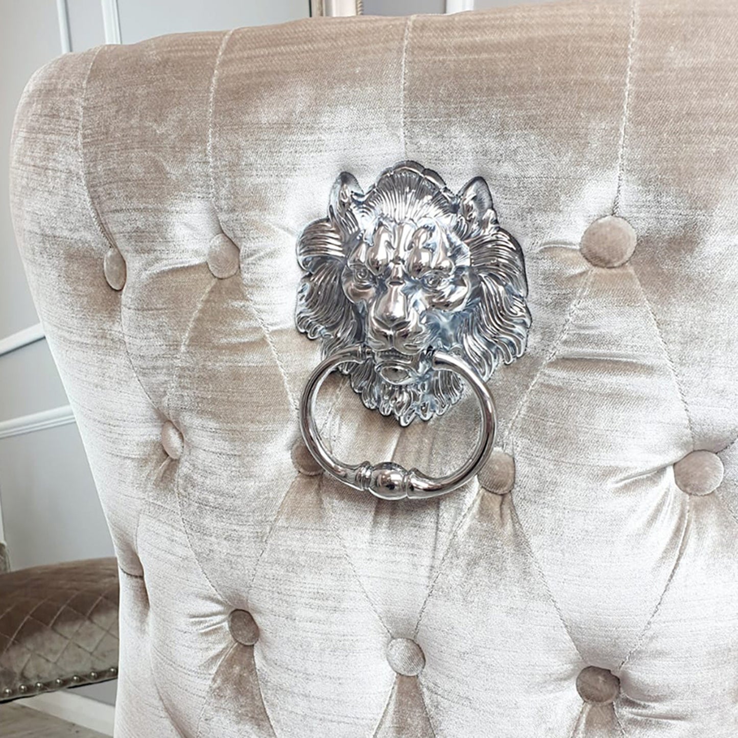 Chelsea Velvet Dining Chair | Chrome Legs with Lion Knocker & Buttoned Back - Dark Grey | Beige Shimmer