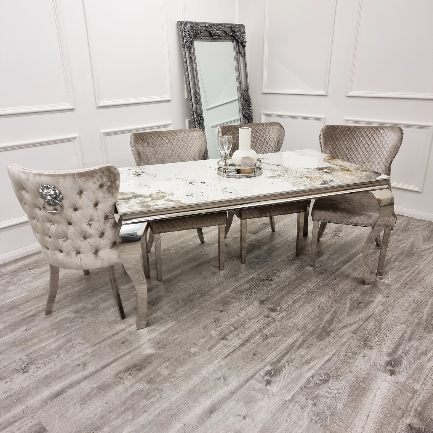 Chelsea Velvet Dining Chair | Chrome Legs with Lion Knocker & Buttoned Back - Dark Grey | Beige Shimmer