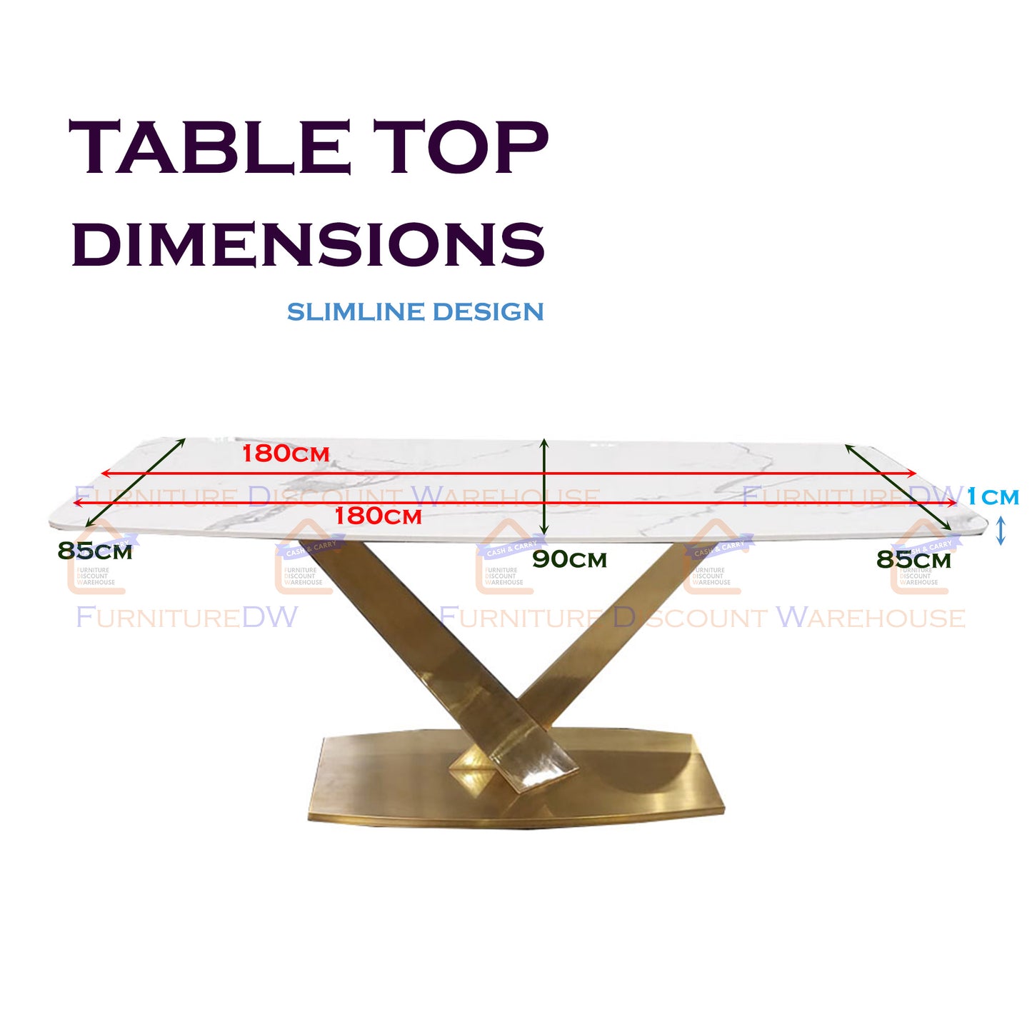 Valeo Gold Slimline Dining Table 1.8m - Polar White Sintered Stone Top