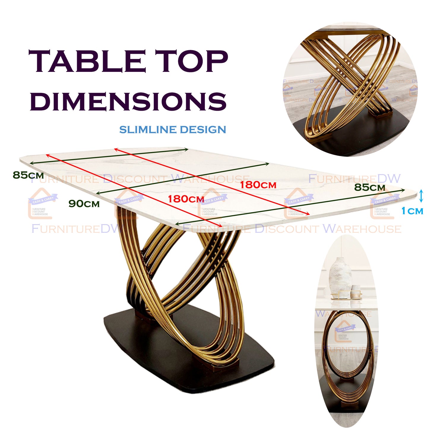 Orion Gold Slimline Dining Table 1.8m - Polar White Sintered Stone Top
