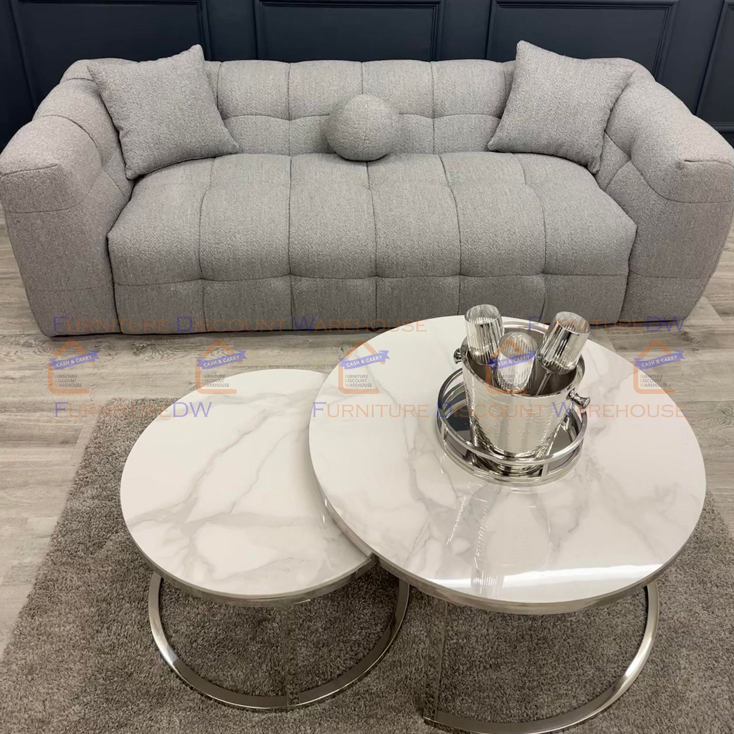 Cato Nest of 2 Short Round Chrome Coffee Tables 80cm / 60cm - Polar White Sintered Stone Tops