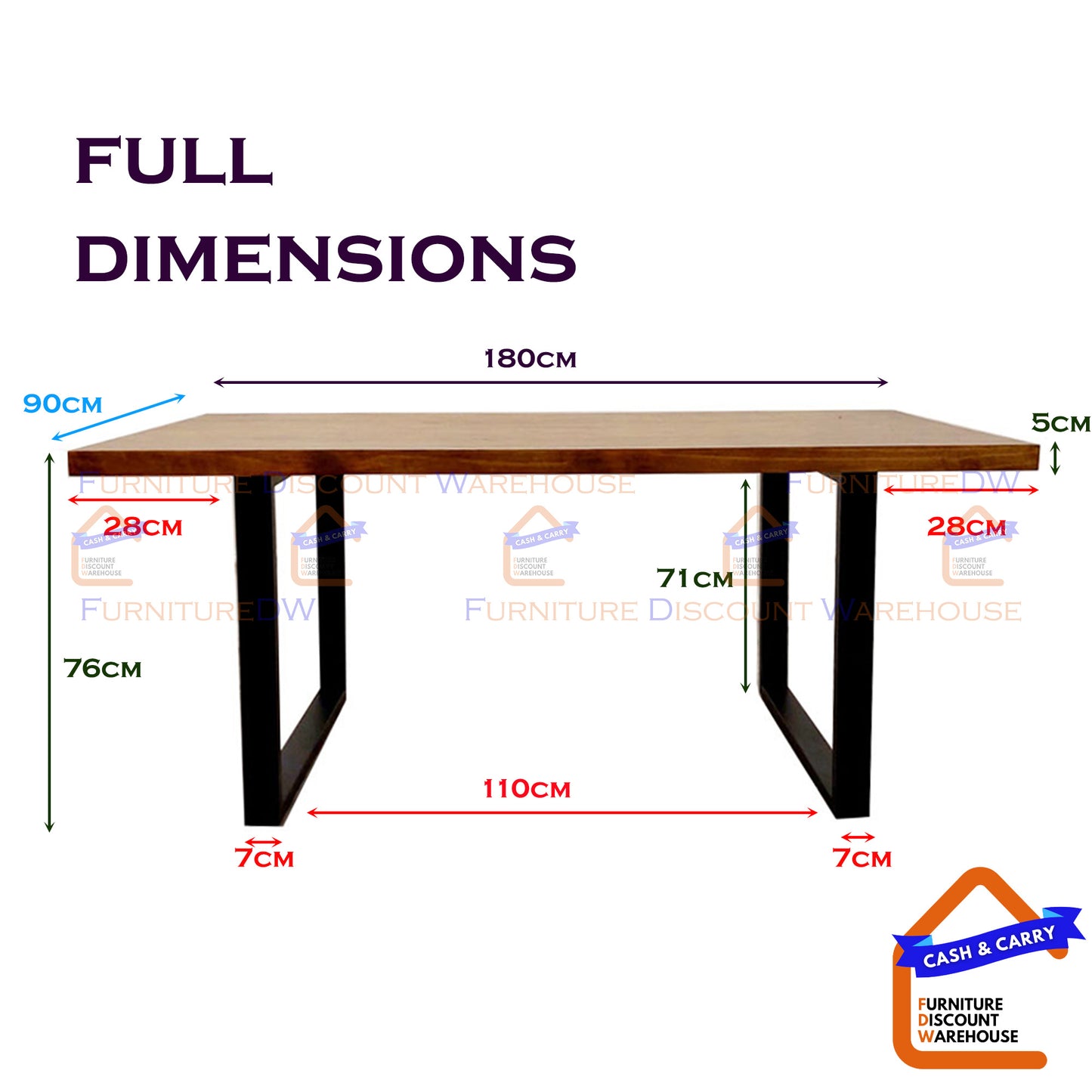 Freya Dining Table 1.8m - Solid Dark Pine Wood with Matt Black Metal Legs