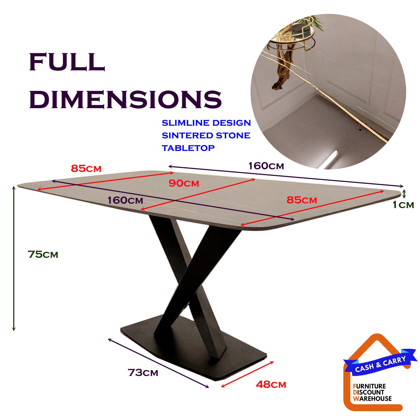 Apollo Dining Table 1.6m - Slimline Black Sintered Stone Top