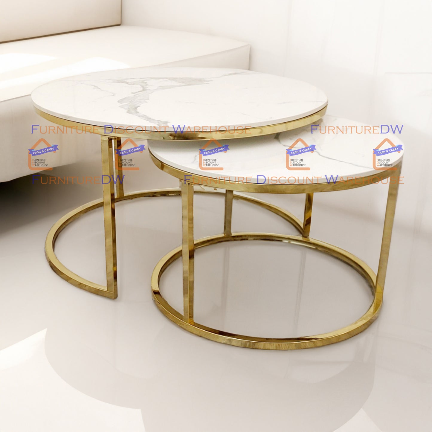 Cato Nest of 2 Short Round Gold Coffee Tables 80cm / 60cm - Polar White Sintered Stone Tops