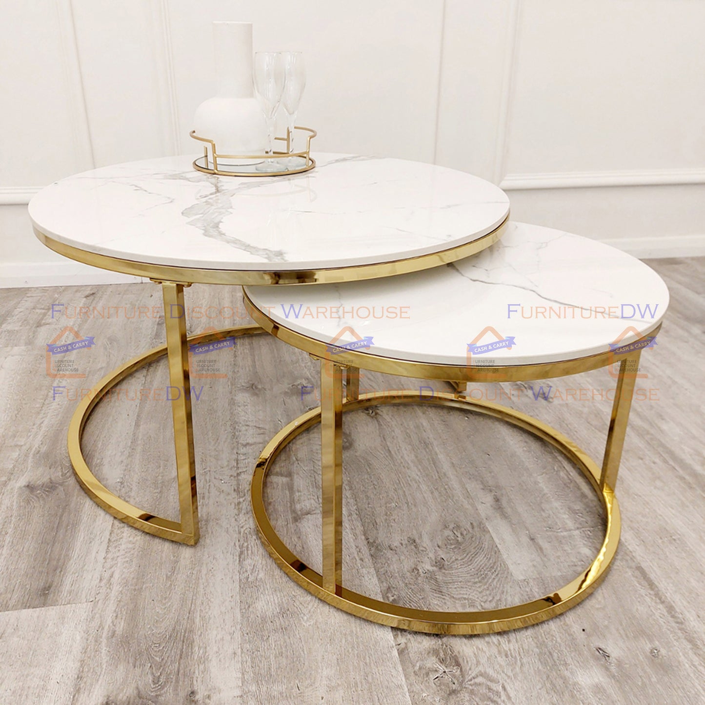 Cato Nest of 2 Short Round Gold Coffee Tables 80cm / 60cm - Polar White Sintered Stone Tops