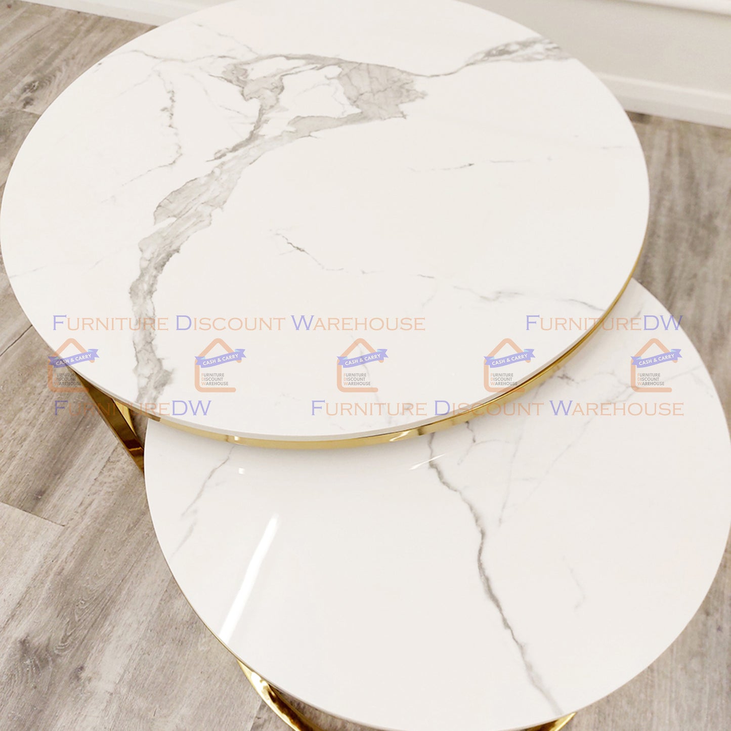Cato Nest of 2 Short Round Gold Coffee Tables 80cm / 60cm - Polar White Sintered Stone Tops
