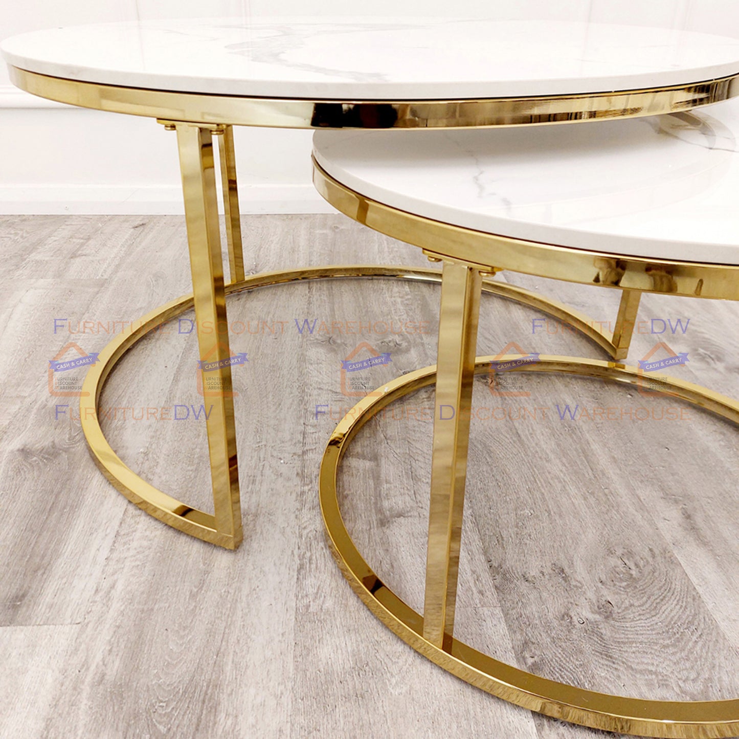 Cato Nest of 2 Short Round Gold Coffee Tables 80cm / 60cm - Polar White Sintered Stone Tops