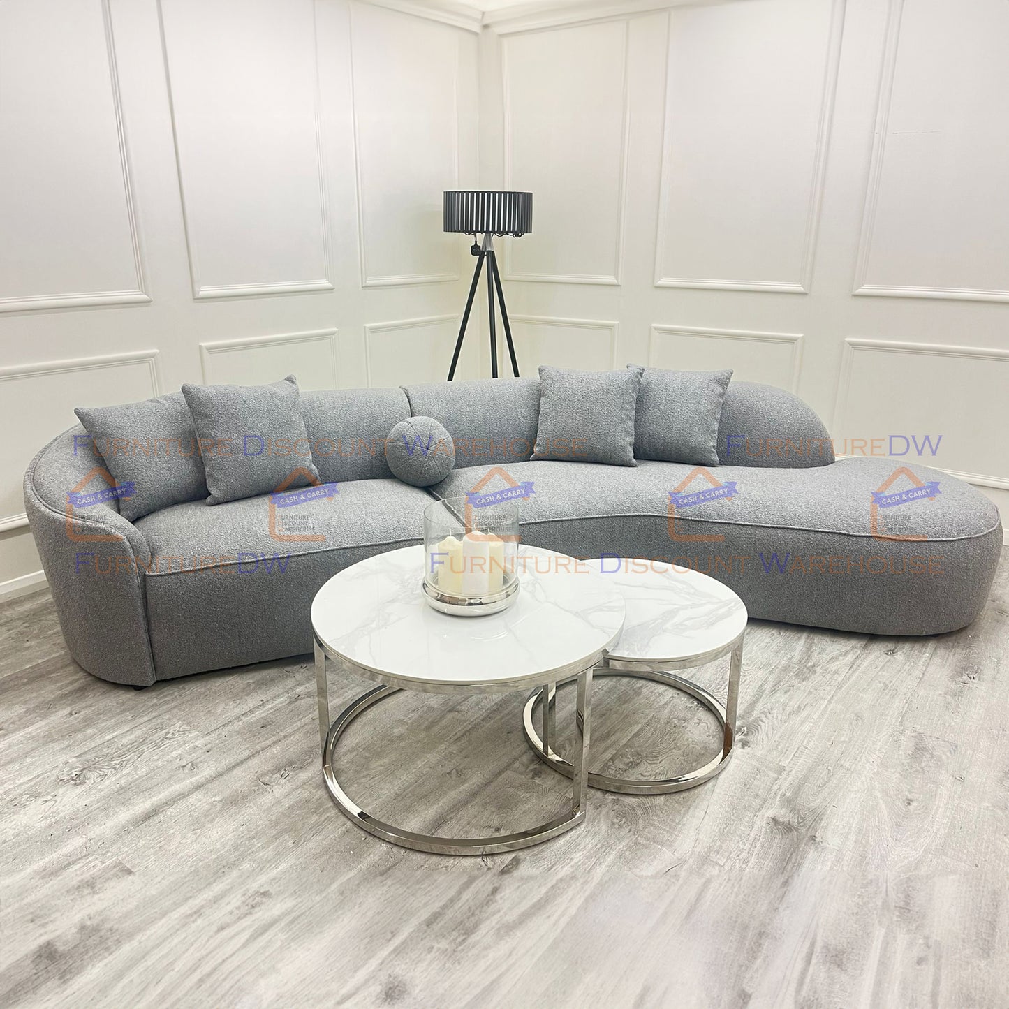 Cato Nest of 2 Short Round Chrome Coffee Tables 80cm / 60cm - Polar White Sintered Stone Tops