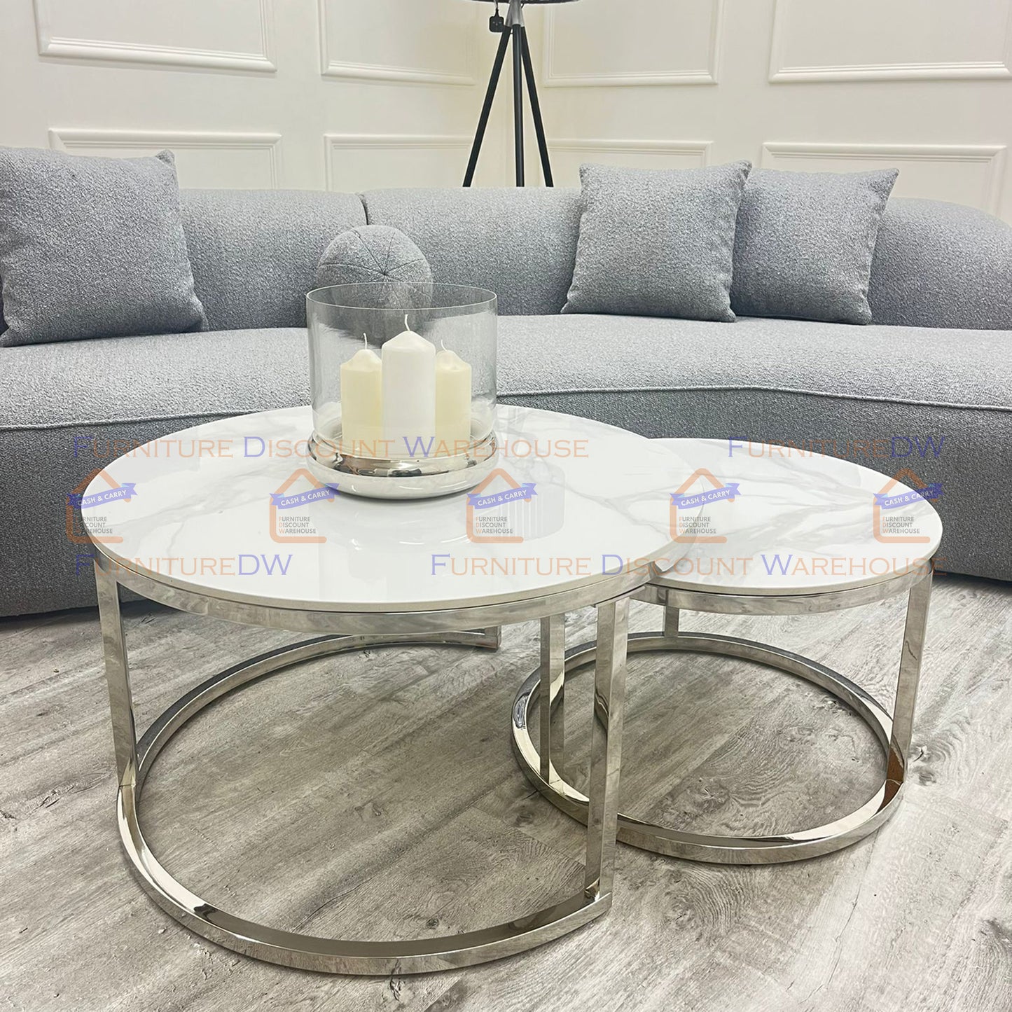Cato Nest of 2 Short Round Chrome Coffee Tables 80cm / 60cm - Polar White Sintered Stone Tops