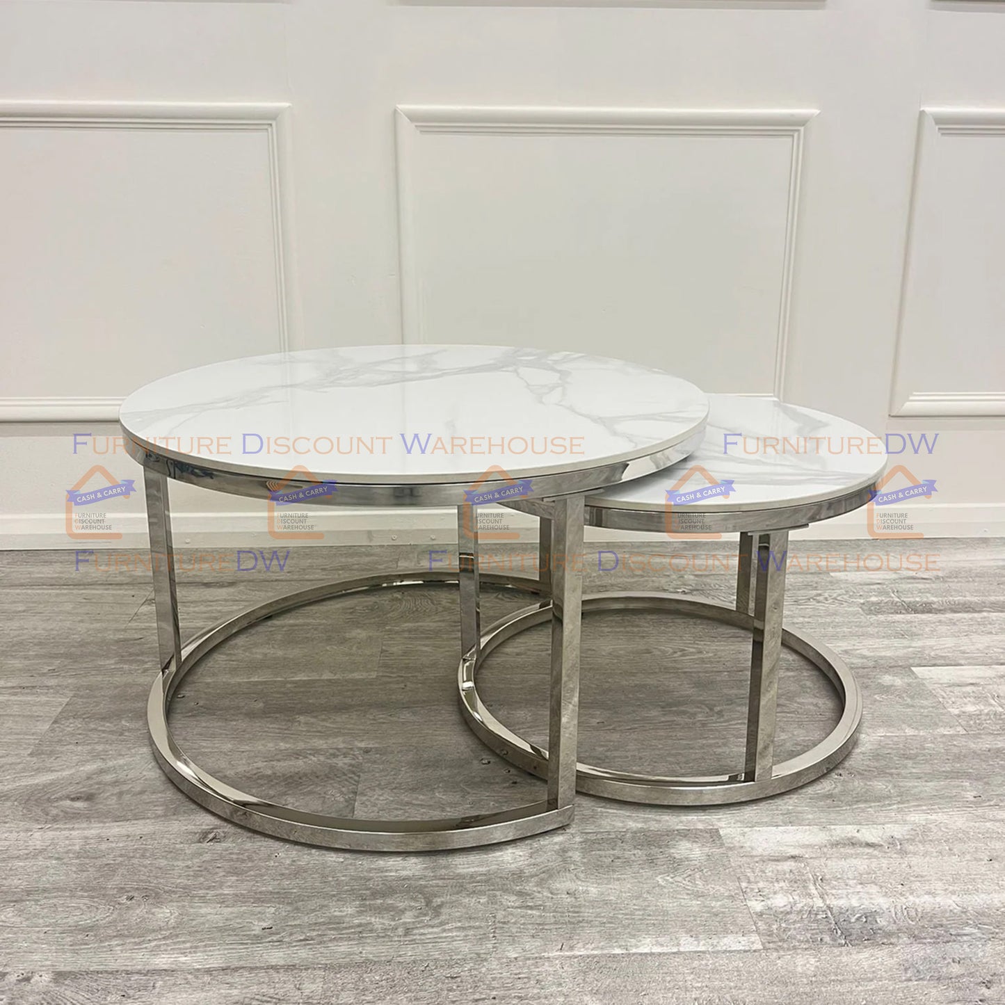 Cato Nest of 2 Short Round Chrome Coffee Tables 80cm / 60cm - Polar White Sintered Stone Tops