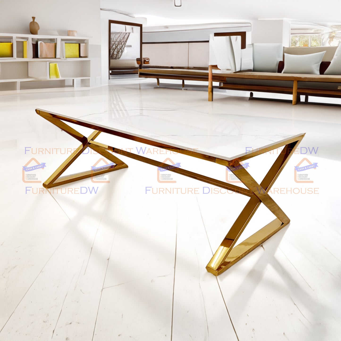 Zion Gold Coffee Table 1.2m | Polar White Sintered Stone Top