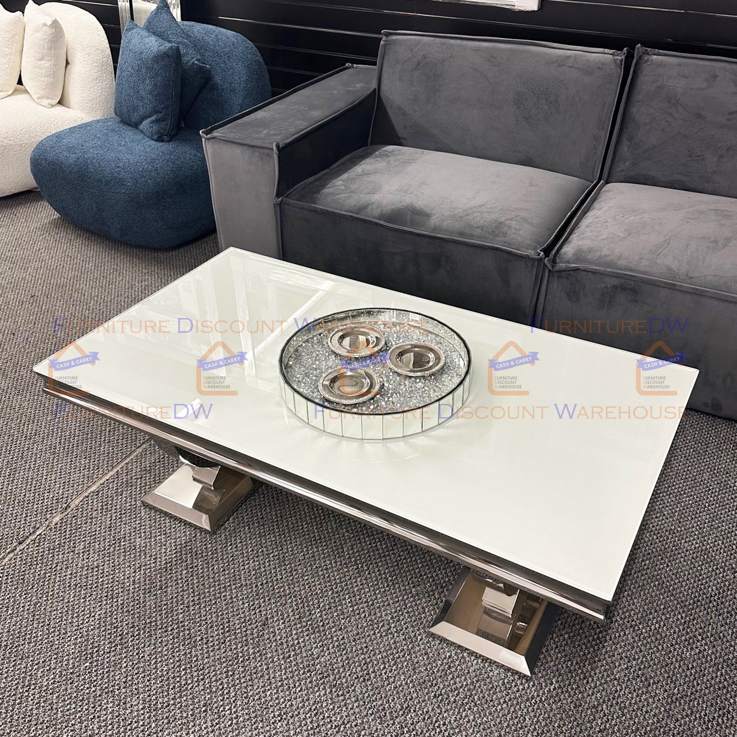 Arriana Chrome Coffee Table 1.3m - Marble | Sintered Stone | Tempered Glass Top