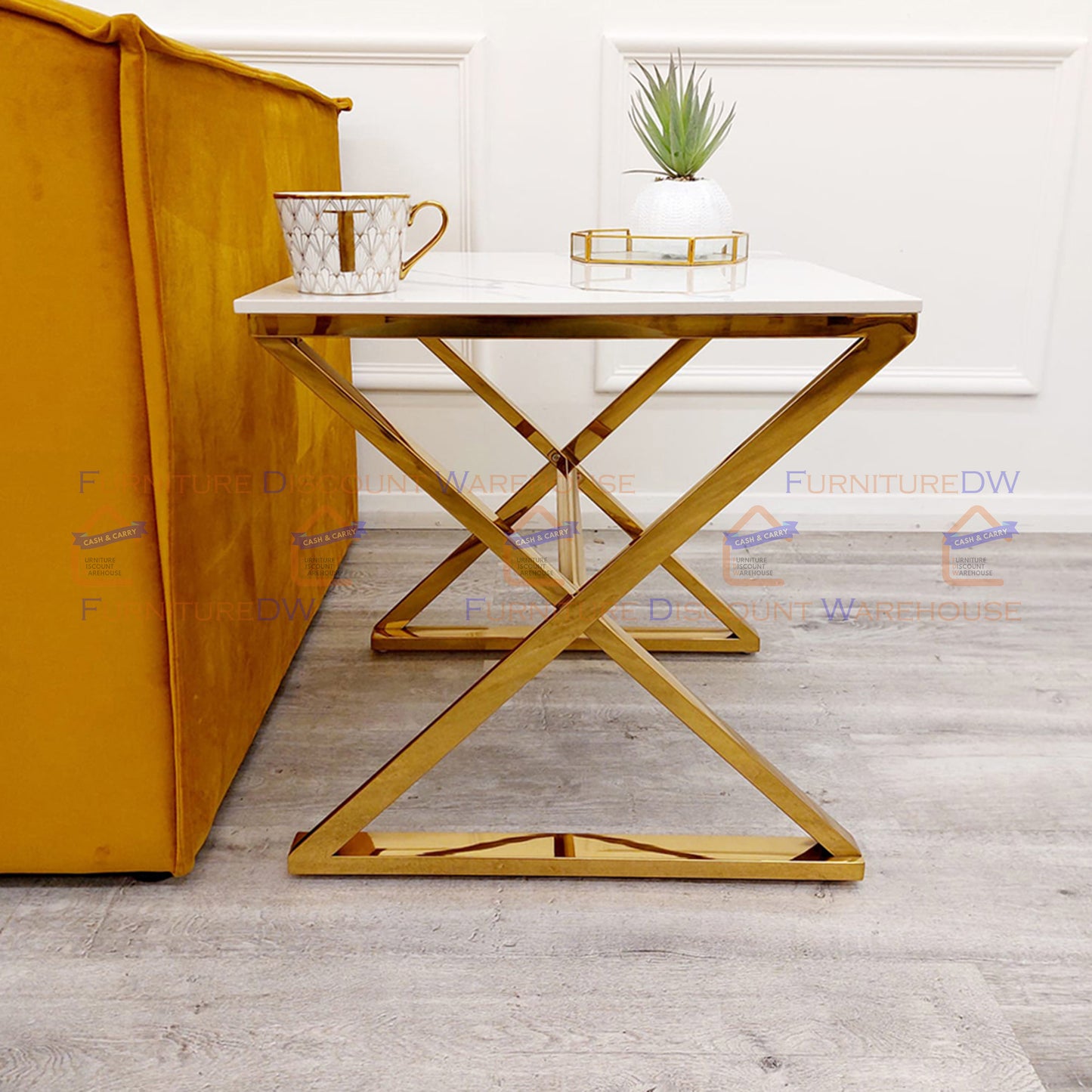 Zion Gold Lamp Table 55cm - Polar White Sintered Stone Top