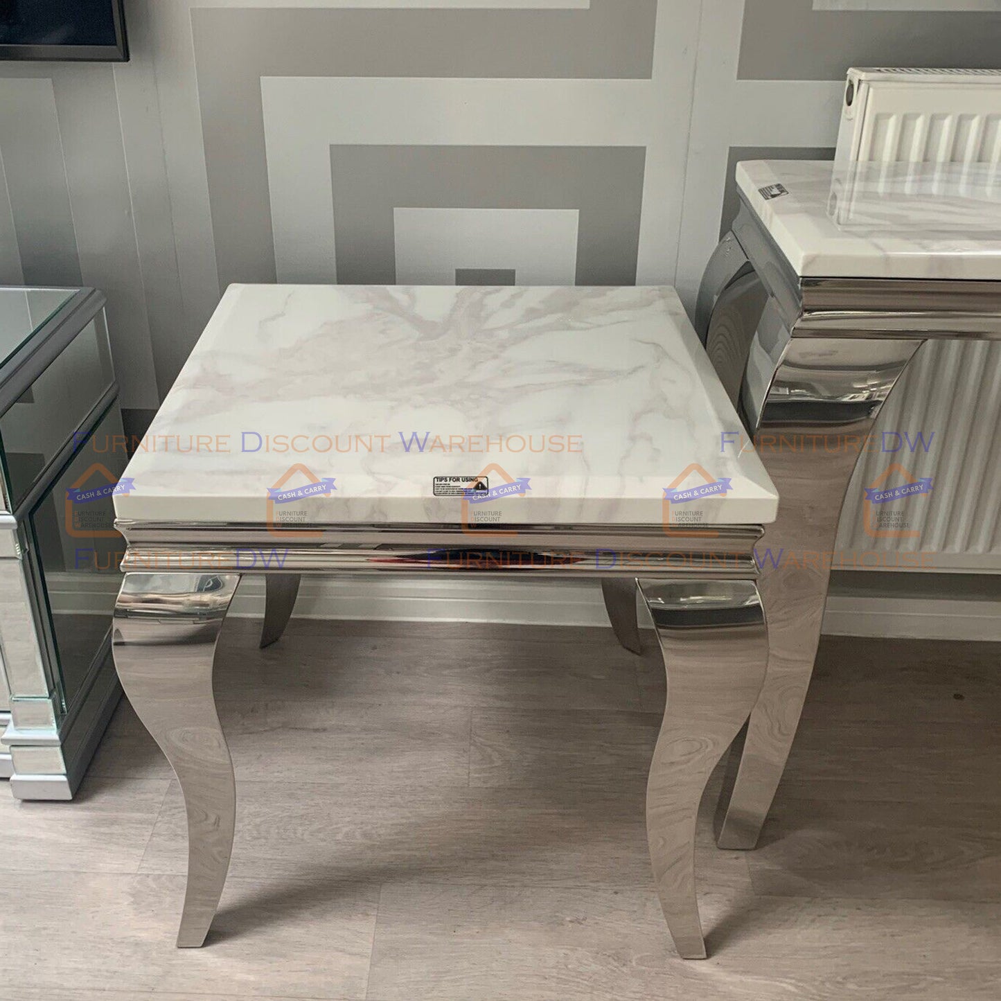 Louis Chrome Lamp Table 60cm - Marble | Tempered Glass Top