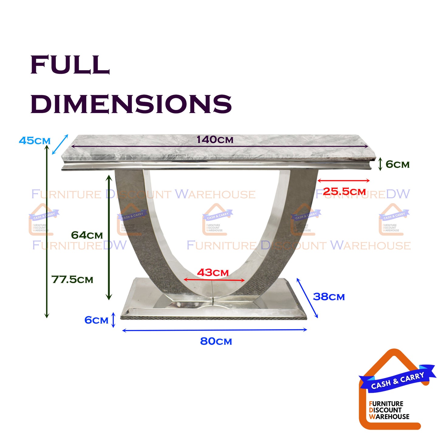 Arial Chrome Console Table 1.4m - Black | White Marble Top